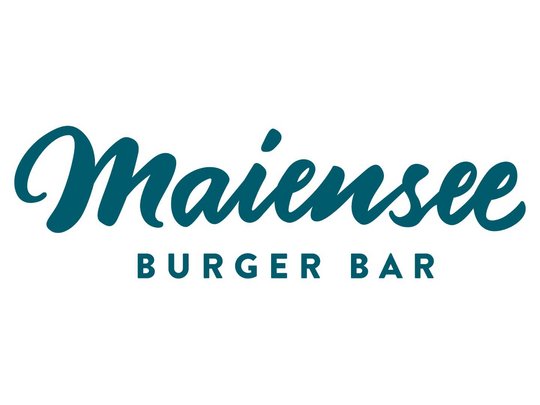 Burger im Skihotel in St. Anton am Arlberg Maiensee Burger Bar Logo in blauer Schrift auf weißem Hintergrund